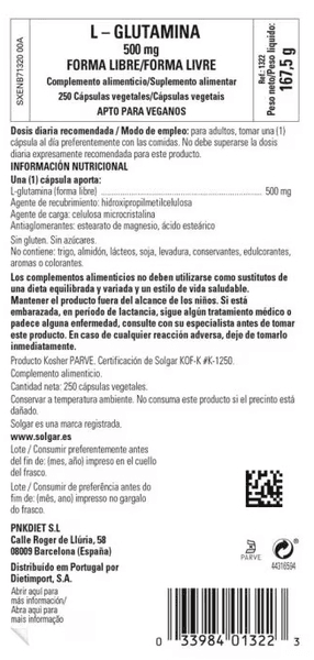 Thumbnail 1 de Solgar L-Glutamina 500 mg | 250 Cápsulas 🏋