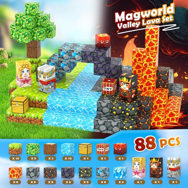 Detalle 2 de IGIVI Magnetic Blocks Build Mine Magnet World Lava Valley Set (88 pcs) – 2.5 cm magnetic cube building toy for ages 3+