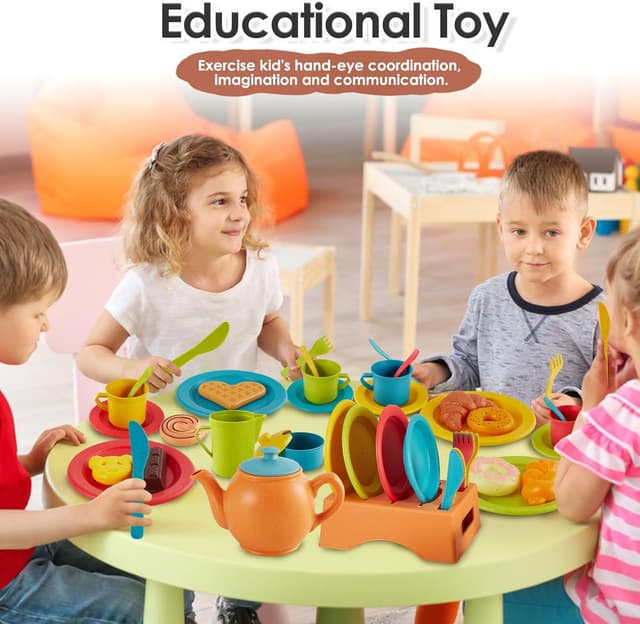 Detalle de Buyger Play Kitchen Accessories Tea Party Set with Dishes, Plates, and Utensils (Ages 3+)