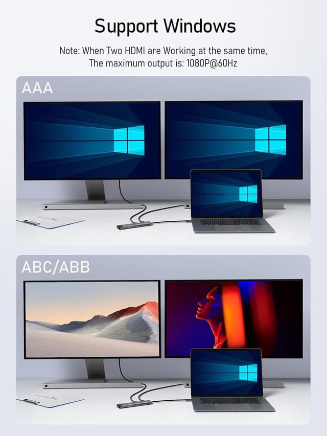 Detalle de Aluminium USB-C Docking Station mit Dual-HDMI, Gigabit Ethernet, 1000 Mbps, 100 W PD und SD/TF – USB-C Hub 2 HDMI