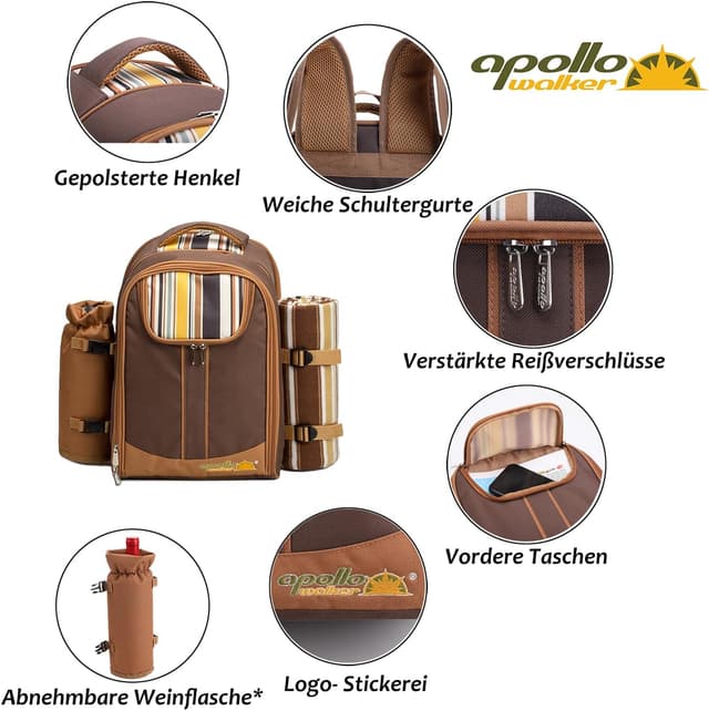 Detalle de apollo walker Picknickrucksack 4 Personen mit Picknick-Set & Decke (Thermotasche/Kühltaschen)