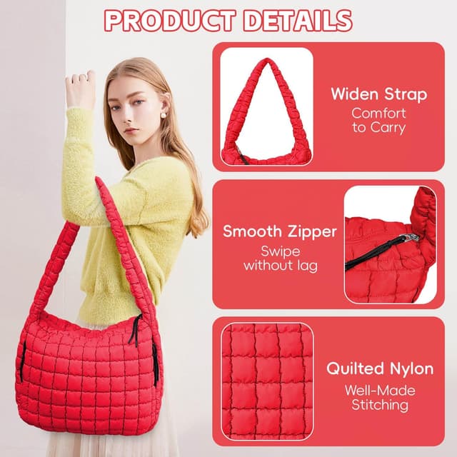 Detalle de Bagtopia Puffer Tote Bag (Large Quilted Puffer Bag) – lightweight quilted hobo bag for work, gym & travel