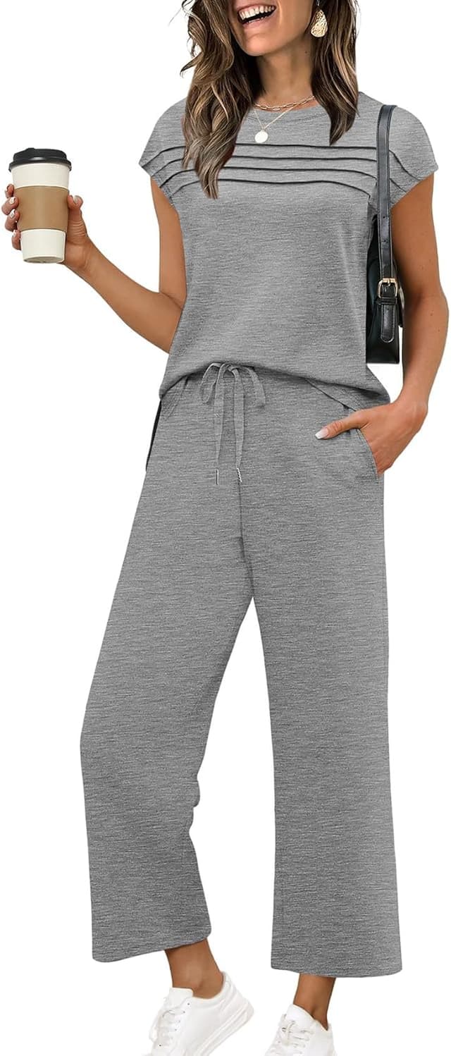 Detalle de WIHOLL Two-Piece Women’s Cap Sleeve Lounge Set with Wide-Leg Crop Pants (S–3XL)