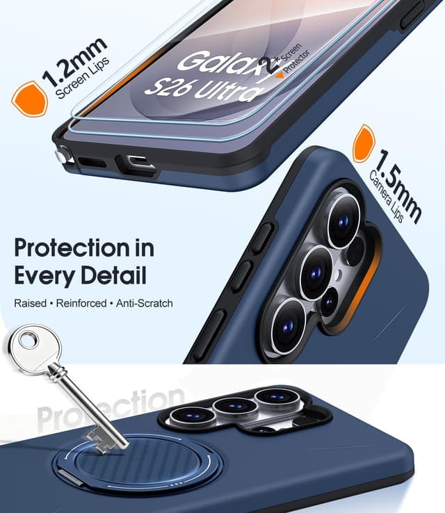 Detalle de AOUIA for Samsung S26 Ultra Case (Blue) with 2-Pack Screen Protector and 360° Rotating Kickstand