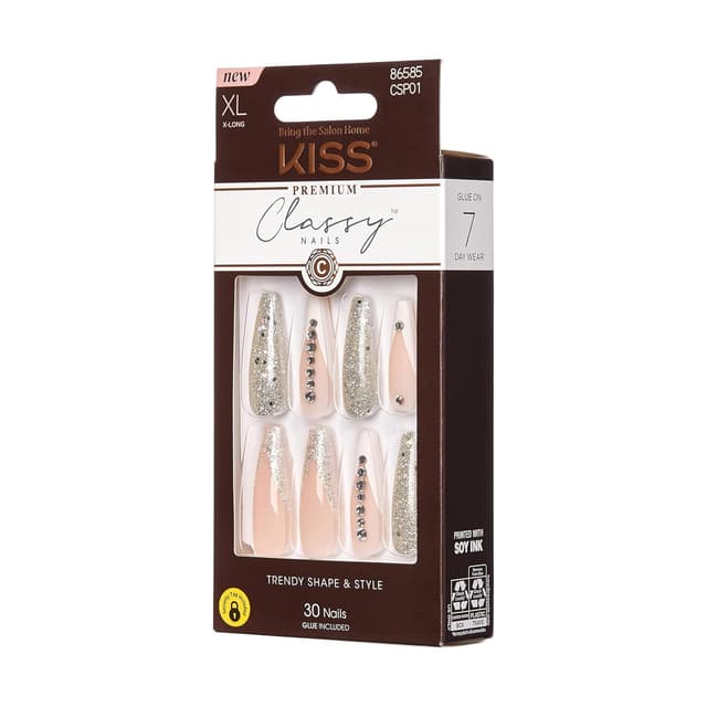 Detalle 2 de KISS Classy Premium Press On Nägel „Sophisticated“ – silbern schimmernde French Nägel in extra-langer Mandel-Coffin Form (30 Stück)