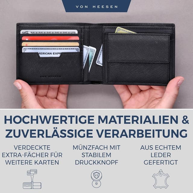 Detalle de VON HEESEN Leder-Geldbörse mit RFID-Schutz (Saffiano Schwarz) – Geldbeutel für Damen & Herren