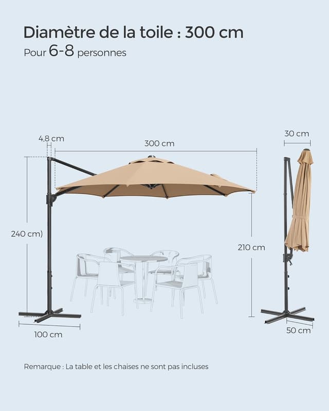 Detalle 2 de Parasol de jardin SONGMICS 300 cm UPF 50+ pivotant à 360° avec inclinaison et manivelle