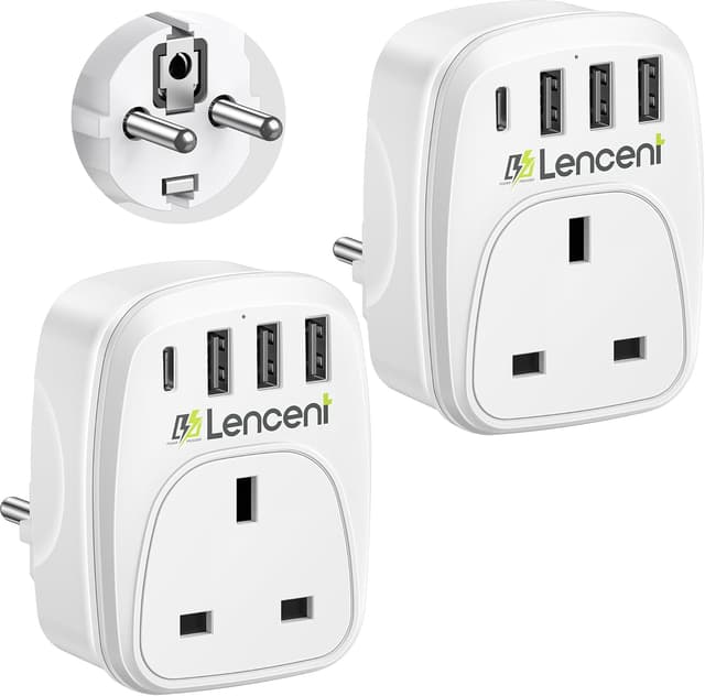 Detalle de LENCENT 2-Pack UK to EU Travel Plug Adapters (Type E/F Schuko) with 4 USB Ports