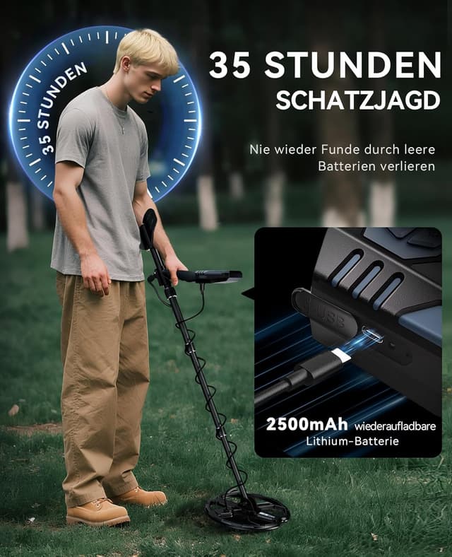 Detalle 2 de SUNPOW Wiederaufladbarer Metalldetektor 11 Dual-D Spule