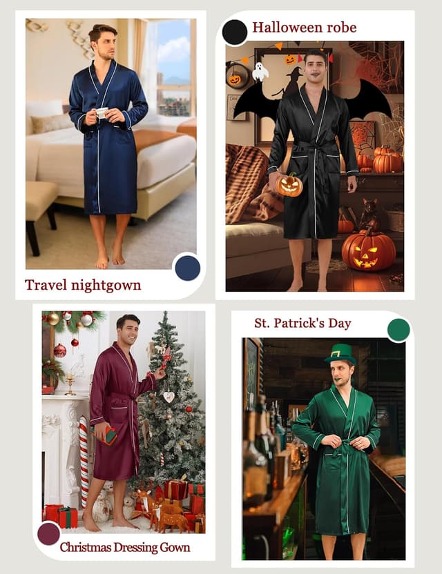 Detalle de Bresdk peignoir homme en satin léger à manches longues avec ceinture ajustable