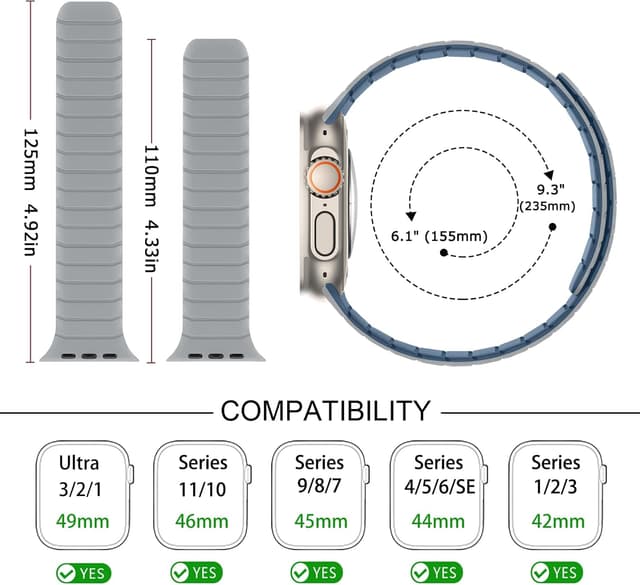 Detalle de Tasikar Magnetic Straps Magnetic Silicone Replacement Loop for Apple Watch (49mm–42mm) – Misty Grey/Blue