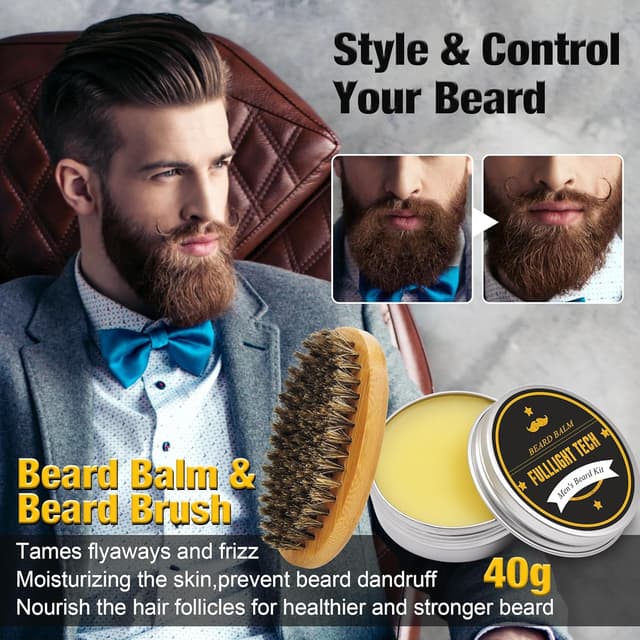 Detalle de FULLLIGHT TECH Beard Kit for Men: 3-Pack Beard Oil, Wash & Balm + Grooming Tools