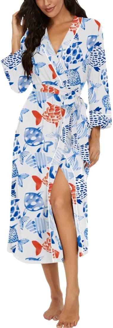 Detalle de PrinStory Damen Bademantel leichter Kimono mit 3/4-Ärmeln