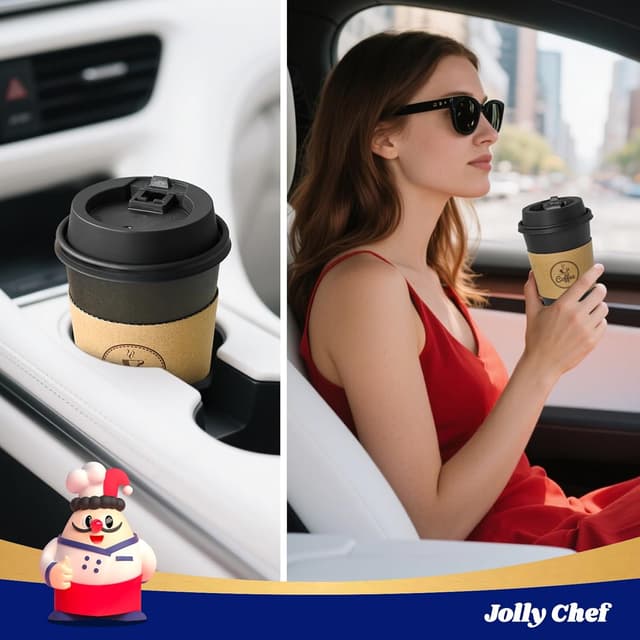 Detalle 2 de JOLLY CHEF 16 oz Disposable Black Hot Paper Coffee Cups (100-Pack) with Lids, Kraft Sleeves & Stirrers