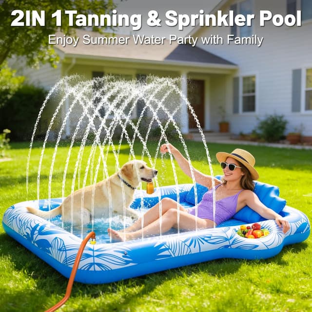 Detalle 2 de TURNMEON Inflatable Tanning Pool Lounger Float with Sprinkler (78"x50") — Pink/Blue, 2-Person Beach & Pool Float with Cup & Food Tray
