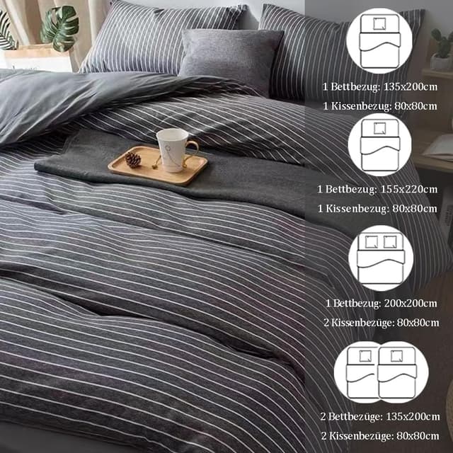 Detalle de Nesture Bettwäsche-Set 135x200 (2-teilig) aus 100% gewaschener Baumwolle, grau gestreift