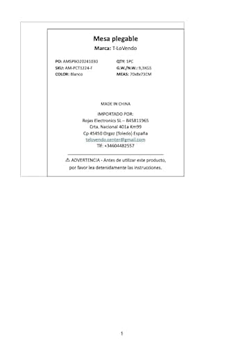 Thumbnail 8 de Mesa plegable de camping T-LOVENDO.ES rectangular auxiliar 122x61 cm (hasta 120 kg), blanca