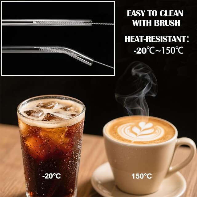 Detalle 2 de Wiederverwendbare Glas-Trinkhalme aus Borosilikatglas (16 Stück) – 6 gerade & 6 gebogene, inkl. 4 Reinigungsbürsten