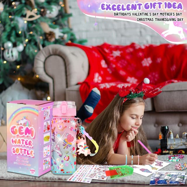 Detalle 2 de Sanilinwild Girls 600ml DIY Water Bottle Kit (Pink Unicorn) – Decorate Your Own Bottle with Friendship Bracelet Craft