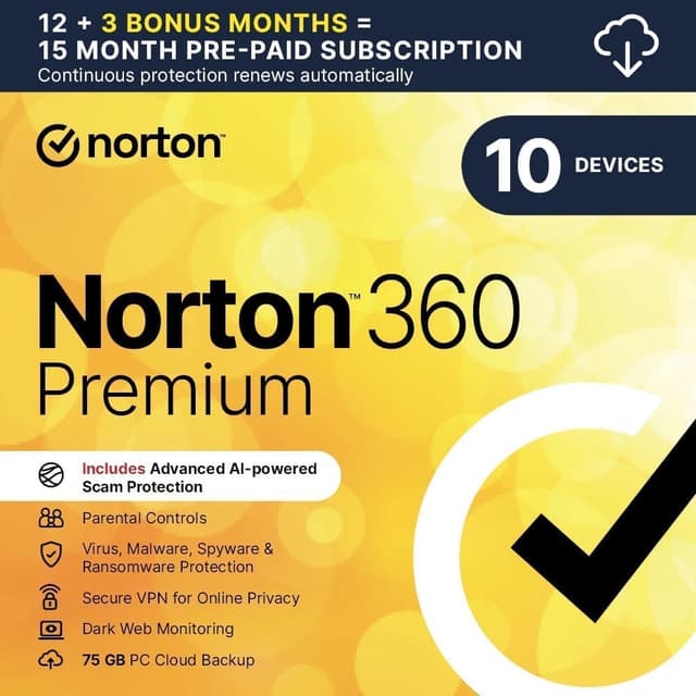 Detalle de Norton 360 Premium 2025 Antivirus Software (10 devices, 15-month subscription) with Secure VPN & Password Manager