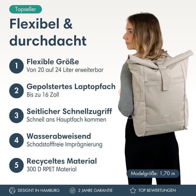 Detalle 2 de LARKSON Rolltop Rucksack Damen Groß Beige – No 2 Daypack für Schule, Uni & Fahrrad mit 16-Zoll-Laptopfach