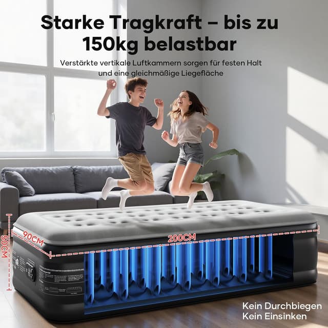 Detalle 2 de OlarHike Luftbett 1 Person 90 x 200 x 50 cm mit integrierter Pumpe – Gästematratze für Camping & Zuhause