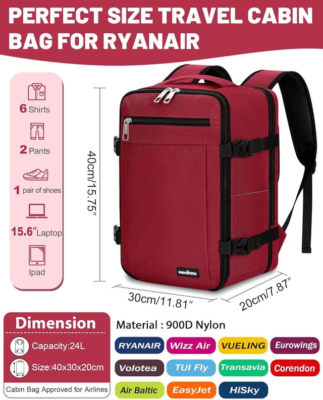 Detalle de MOCOCITO Sac à dos de voyage cabine avion 40x30x20 pour ordinateur 15,6'' – Rouge