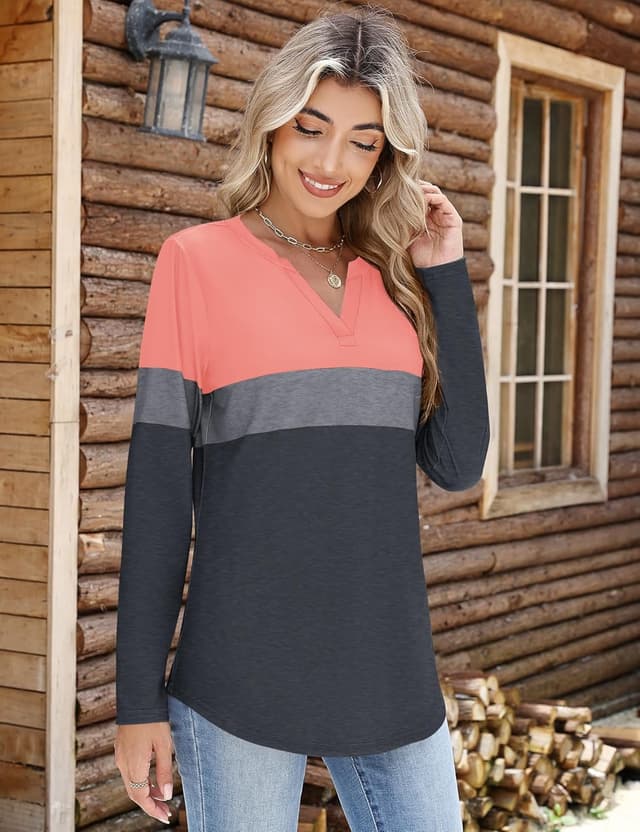 Detalle de EFFAN Women’s Basic V-Neck Long Sleeve Striped & Colour Block Top (S–XXL)