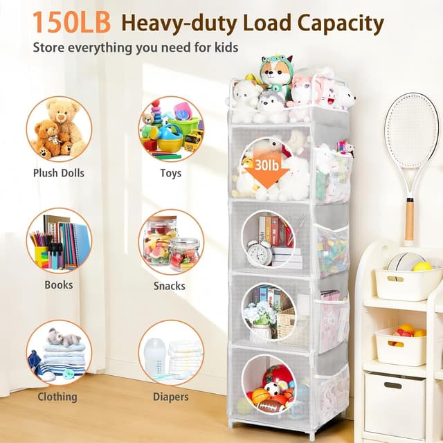 Detalle 2 de AXHOP 5-Tier Teddy & Toy Storage Unit (42 x 42 x 162cm) with 8 Side Mesh Pockets – Grey
