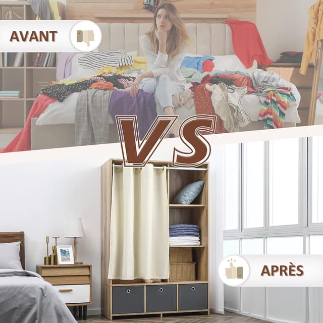 Detalle de HOMCOM Armoire penderie avec rideau gris, 3 compartiments et 3 tiroirs en tissu