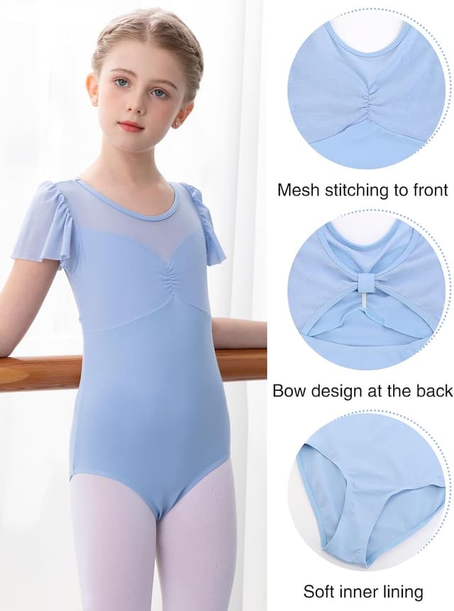 Detalle de Bezioner Ballet Leotards for Girls (2–10 Years) with Puff Sleeves – Dance & Gymnastics Outfit