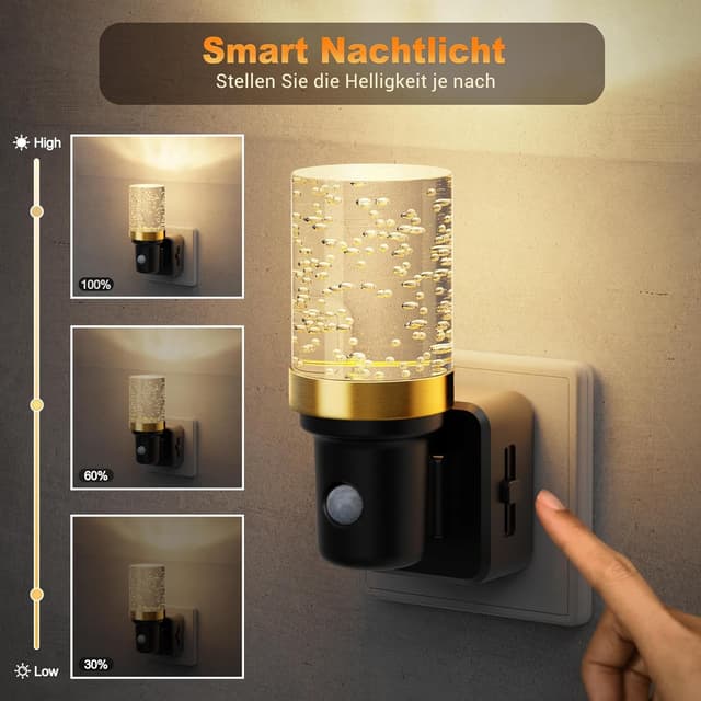 Detalle de JandCase Nachtlicht-Steckdose mit Bewegungsmelder und 3 Modi (AUTO/AUS/EIN), dimmbar 0–100 lm, 3000K