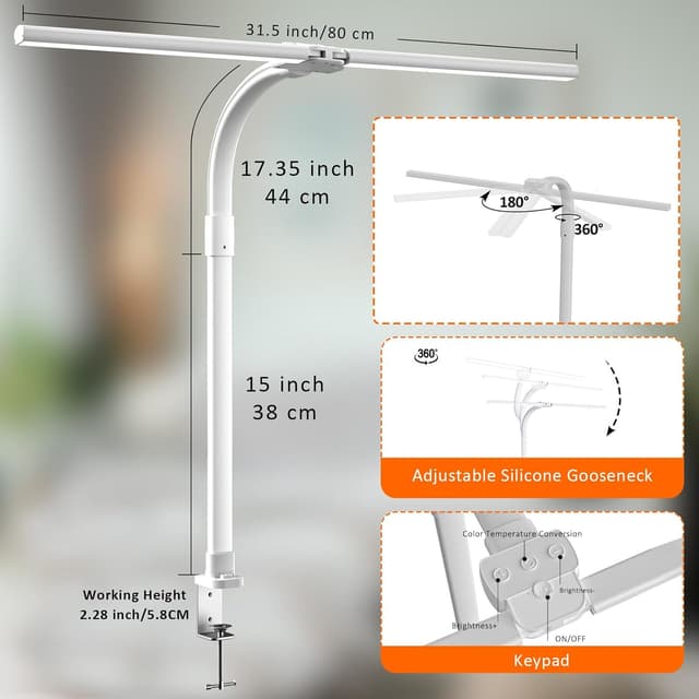 Detalle 2 de LOTTBUTY 24W Double-Head LED Desk Lamp (Clamp, Eye Protection, 25 Modes) – L-White