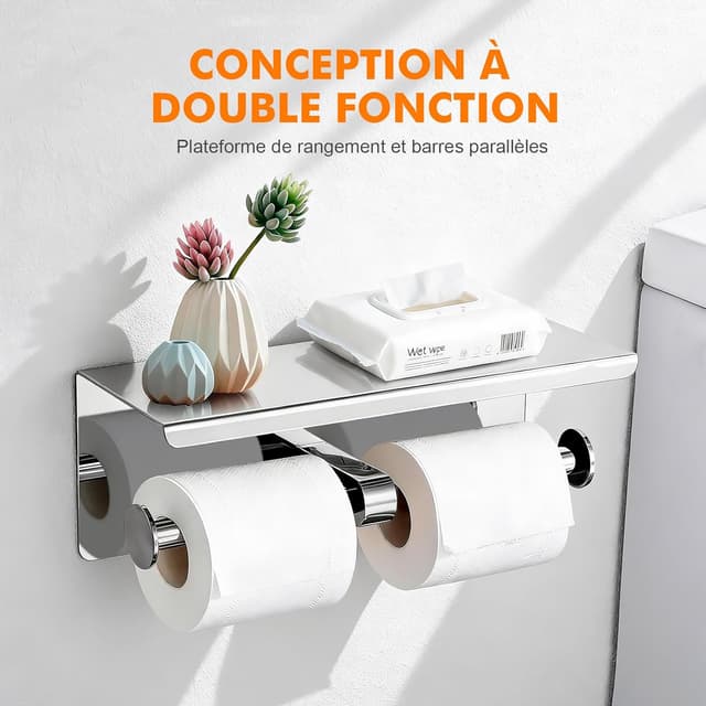 Thumbnail 1 de Ibergrif Porte-papier toilette double mural avec étagère en acier inoxydable (installation adhésive ou perçage) – Argent