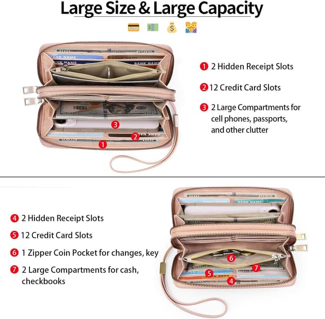 Detalle 2 de GAEKEAO Women’s Double-Zip Phone Clutch Wallet with RFID Blocking Wristlet Strap