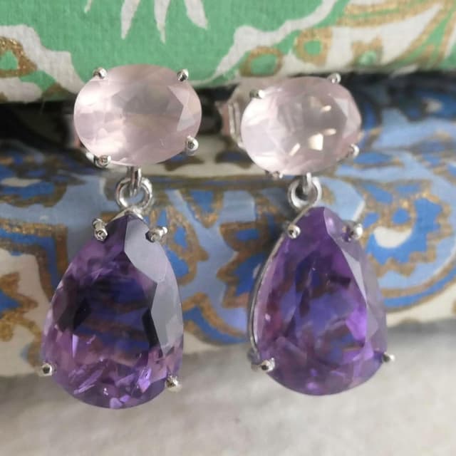 Detalle 2 de Rose Quartz and Amethyst Sterling Silver Drop Earrings (Handmade 925 Silver) – Natural Gemstone Statement Drops