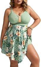 Detalle de Hanna Nikole women’s plus size skirted one-piece swimsuit with tummy control and built-in swim shorts