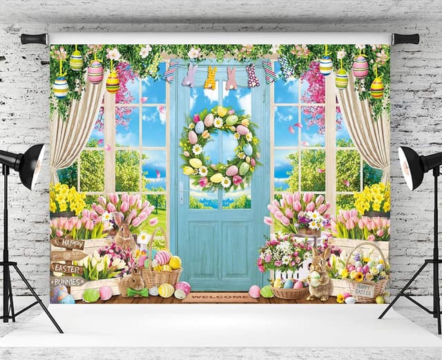 Detalle 2 de Spring Easter Backdrop Rabbit Colorful Eggs