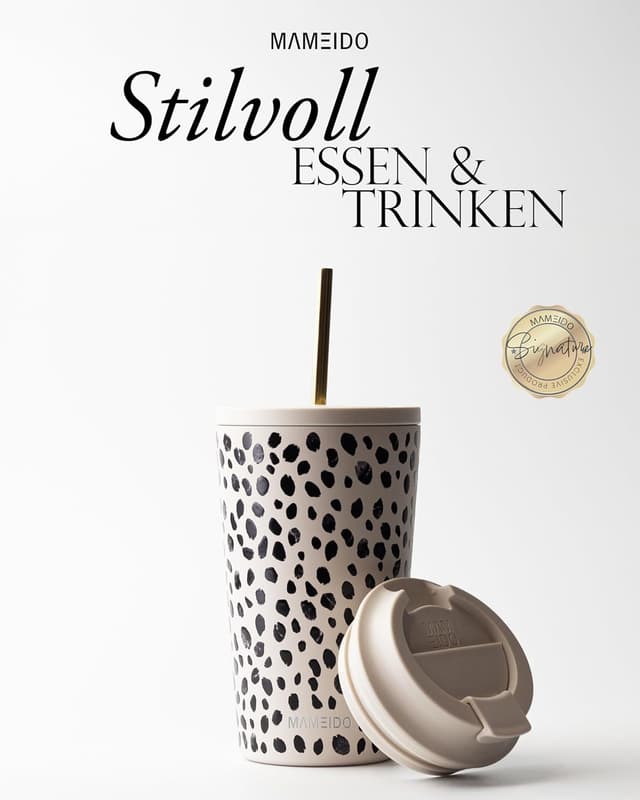 Detalle de MAMEIDO Thermobecher mit Strohhalm 470 ml – auslaufsicherer Coffee-to-go Becher mit Deckel