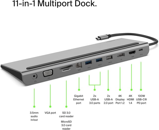 Detalle de Belkin USB‑C Hub 11‑in‑1 MultiPort Adapter Dock with 4K HDMI, DP, VGA, 100W PD pass-through and Gigabit Ethernet
