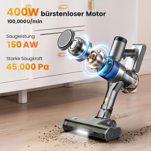 Detalle de Aspirateur balai sans fil 400 W 45 kPa : autonomie 55 min, écran LED et batterie amovible