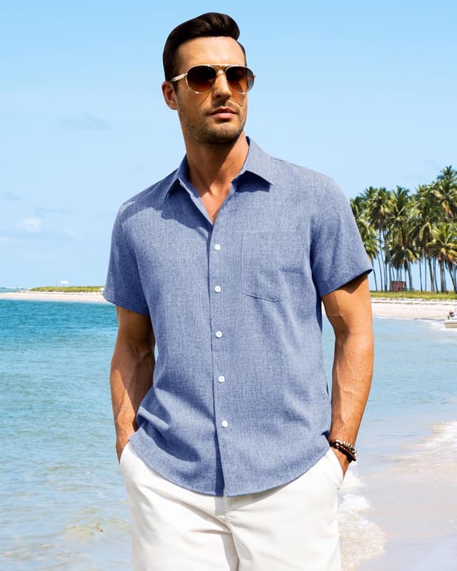 Detalle 2 de J.VER Leinenhemd Herren mit Kruzarm, Regular Fit – leichtes Sommerhemd mit Brusttasche