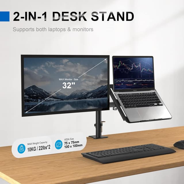 Detalle de GRIFEMA 2 Supporto per monitor con ripiano per laptop, braccio VESA 75x75/100x100 e rotazione 360°