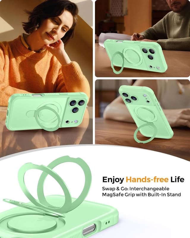 Detalle de MOCCA Design iPhone 17 Pro Case with MagSafe Invisible Magnetic Ring Stand — Military Drop Protection, Full Camera Guard, Translucent Matte Slim (Matcha Green)