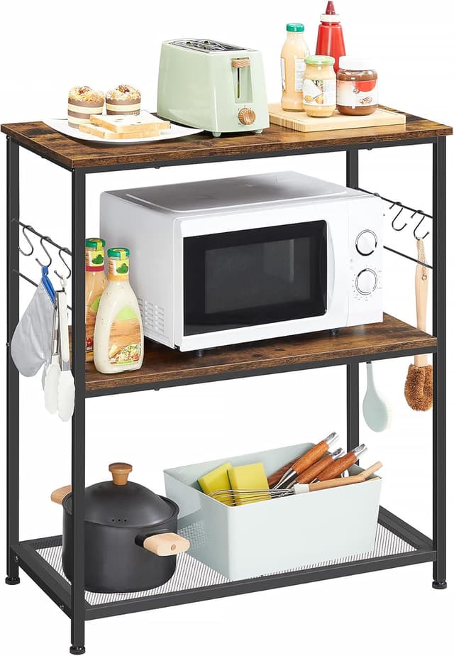 Detalle de VASAGLE Scaffale da Cucina per microonde e forno KKI002B01, 3 ripiani aperti, 6 ganci, 80 x 40 x 90 cm