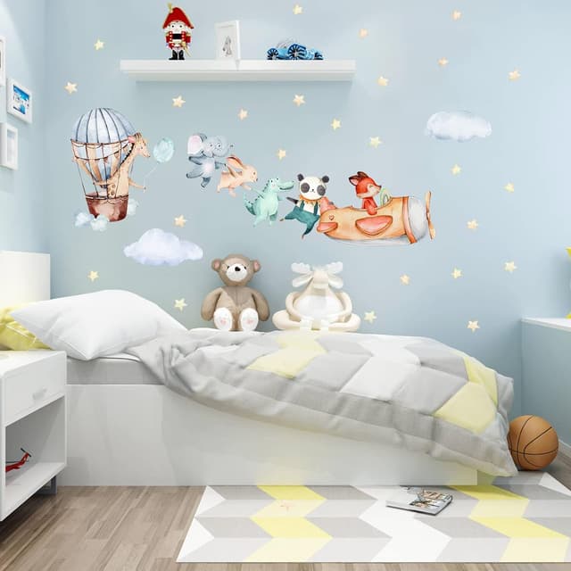 Detalle de TOARTI Flugzeug Tier Wandtattoo für Babyzimmer, 104×30 cm – lichtfarbener Wandsticker mit Elefant, Giraffe & Panda