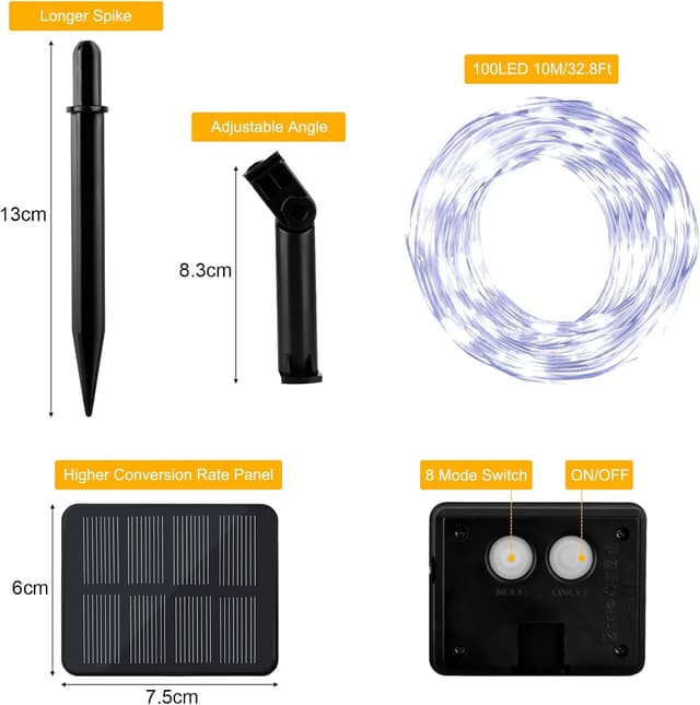 Thumbnail 6 de FFZZKJ Solar Fairy Lights Outdoor Garden Lights Waterproof – 100 LED 10m with 8 Lighting Modes (Cold White)