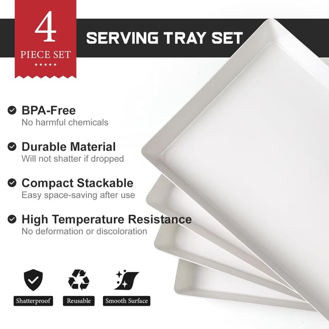 Detalle 2 de 4-Pack BPA-Free Plastic Serving Trays (16" x 11") Large White Stackable Platters