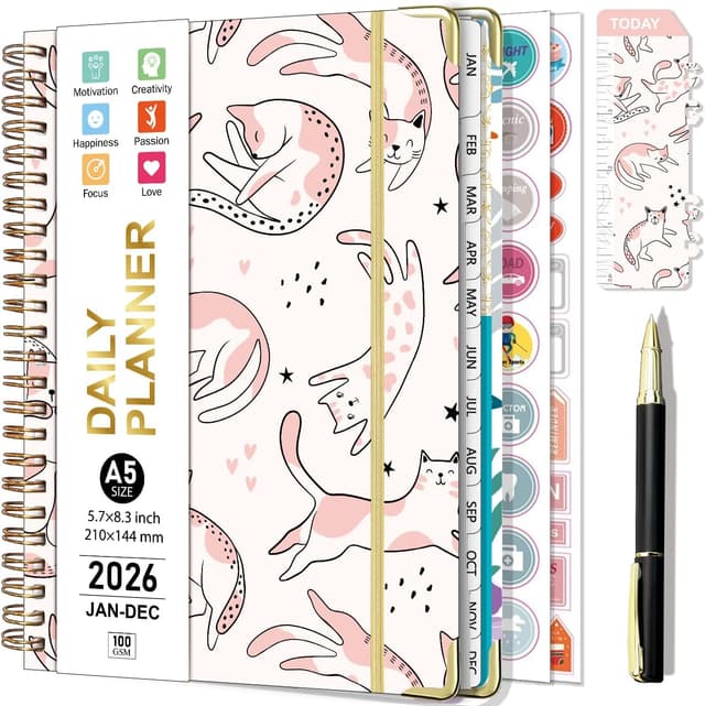 Detalle de NEYSA Agenda 2026 semainier spiralé A5 (janvier à décembre) avec autocollants, stylo et onglets mensuels