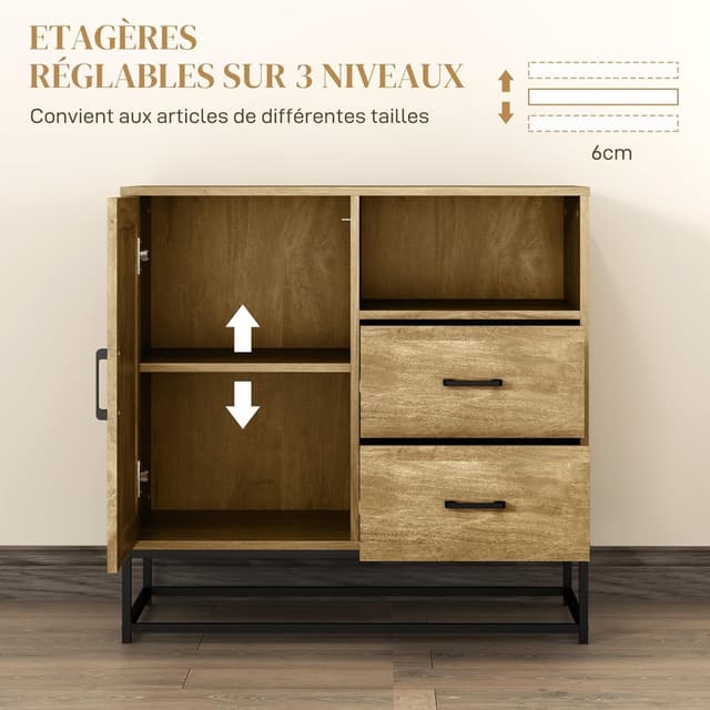 Detalle de HOMCOM Buffet de rangement moderne avec 2 tiroirs, niche ouverte et étagère réglable (80 x 40 x 78 cm)
